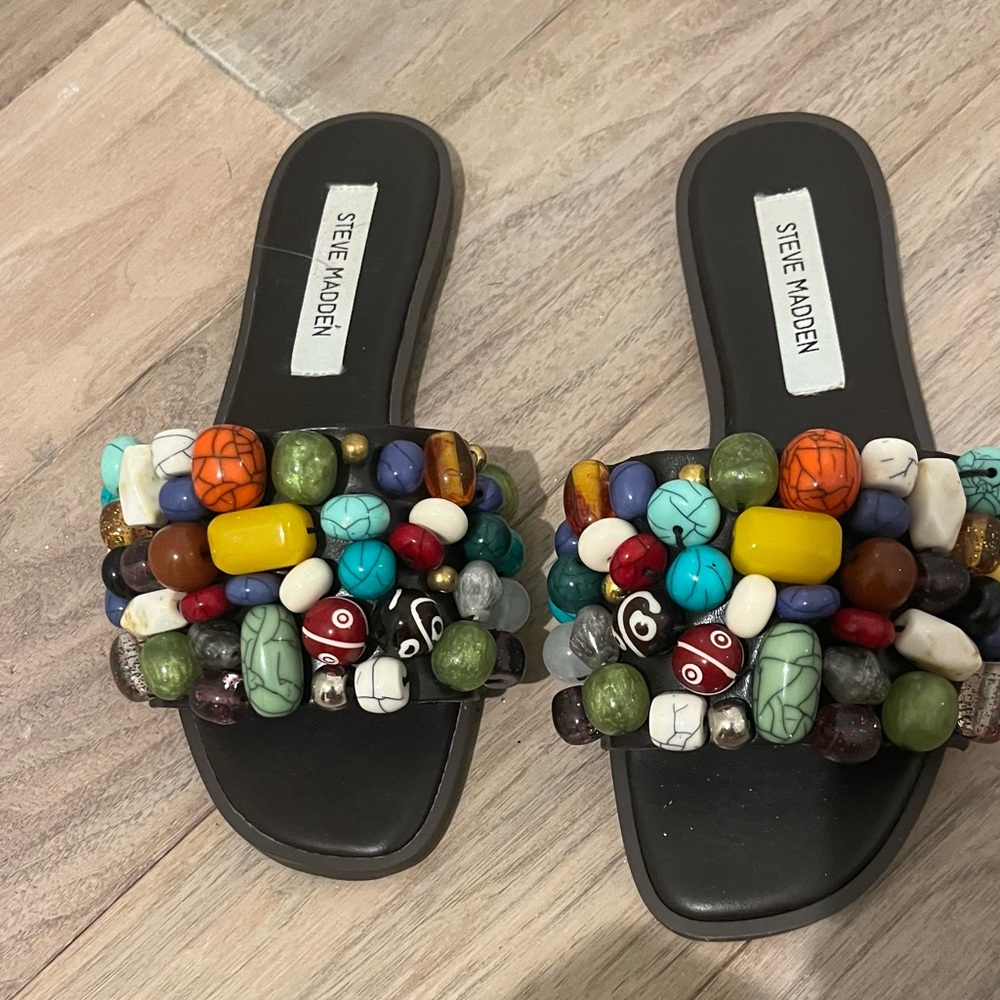 Steve Madden Black Beaded Slide Sandals
